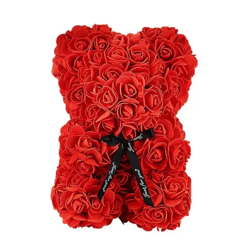 Urso de peluche com rosa eterna artesanal Everrose, 25 cm