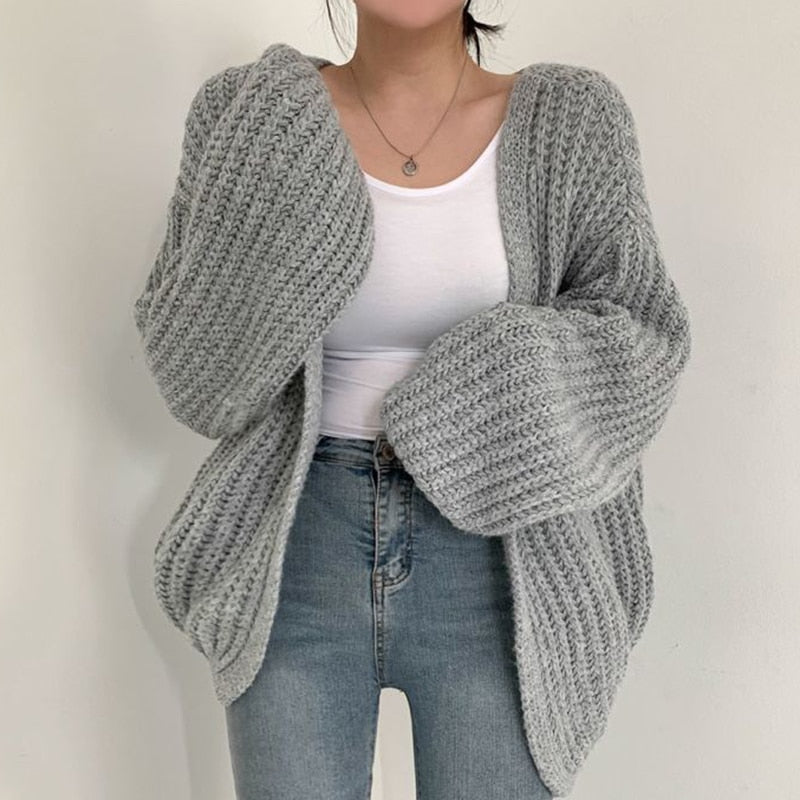 Women's Oversized Chunky Knit Cardigan — Open Front, Balloon Sleeves