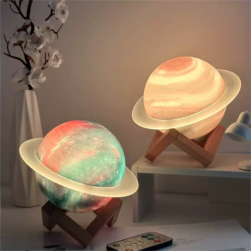 Saturn Shaped Table Lamp, Rechargeable Battery, Bluetooth Speaker, Wooden Stand | Euroselle