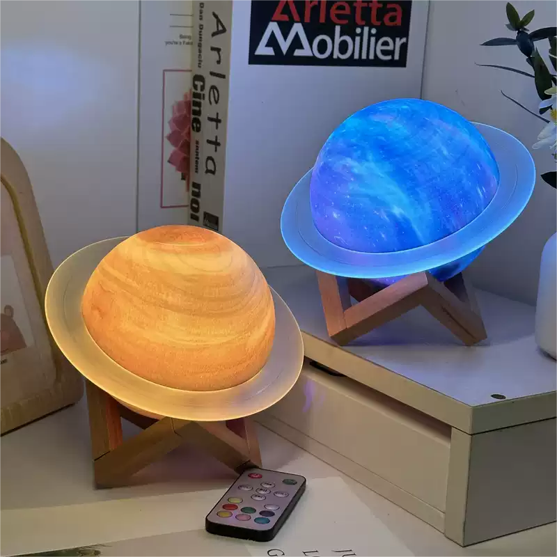 Saturn Shaped Table Lamp, Rechargeable Battery, Bluetooth Speaker, Wooden Stand | Euroselle