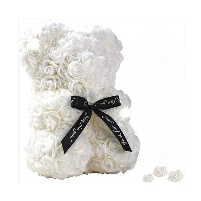 Urso de peluche com rosa eterna artesanal Everrose, 25 cm