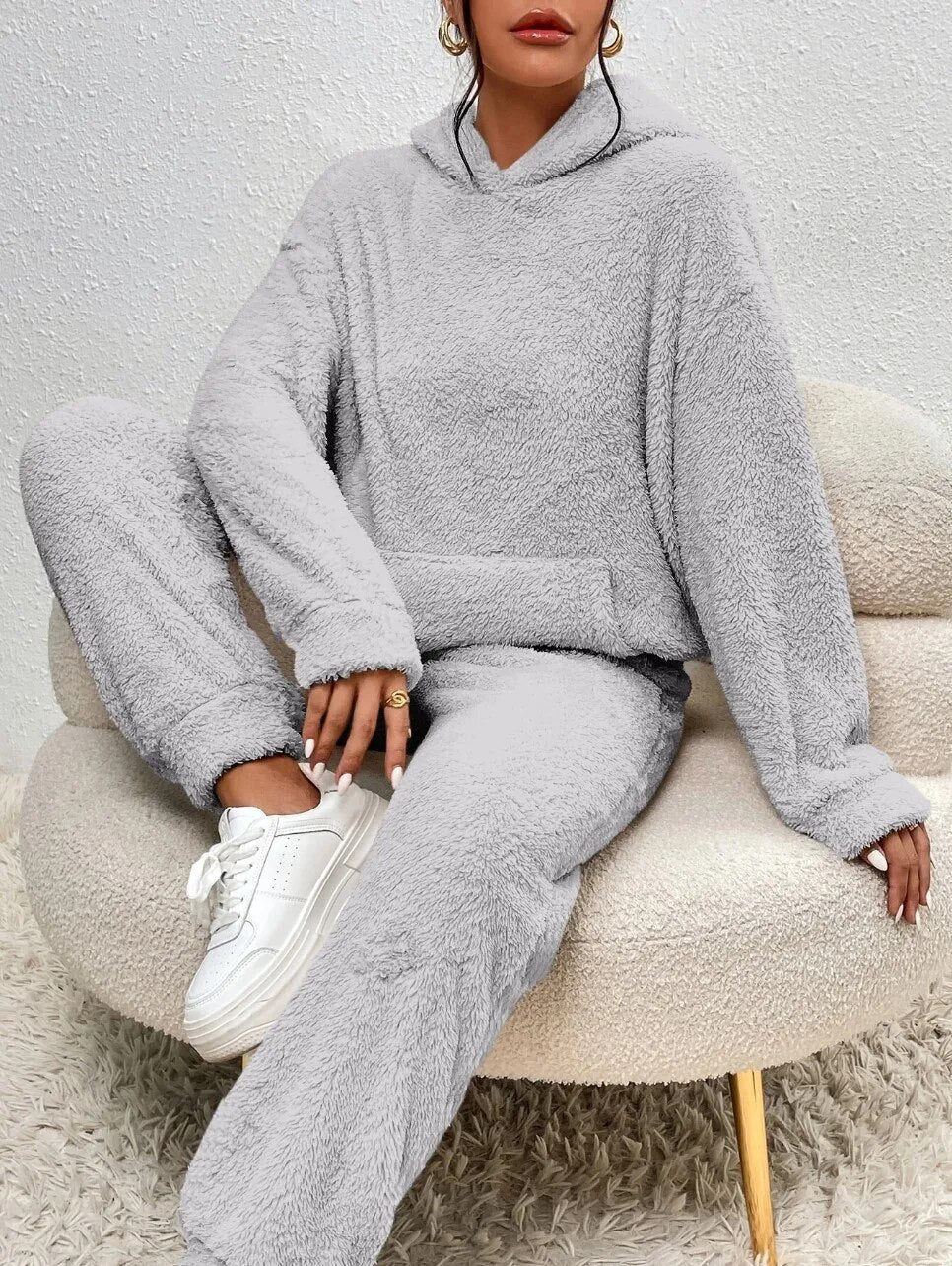 Teddyfleece-set voor dames met capuchon - oversized joggingpak, zakken