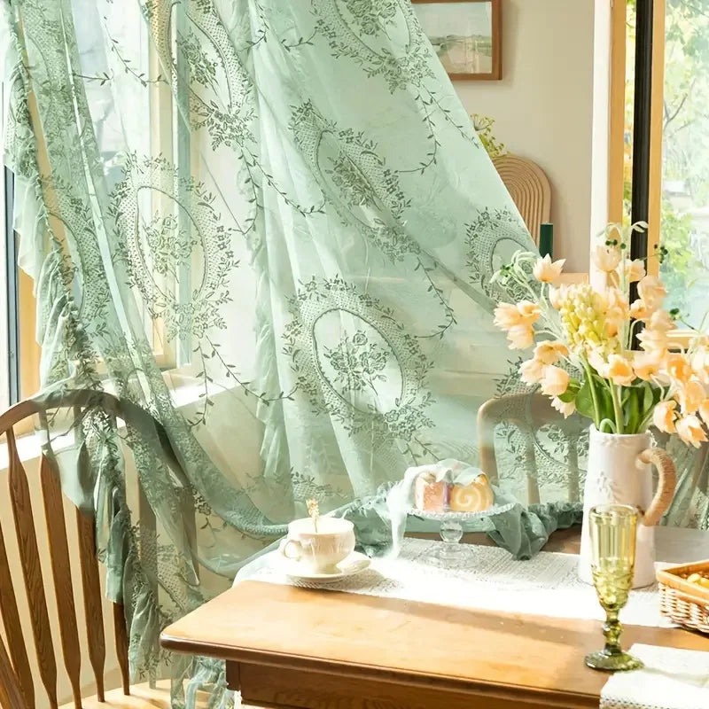 French Retro Green Ruffled Lace Sheer Tulle Curtains for Girls Room & Living Room - Euroselle