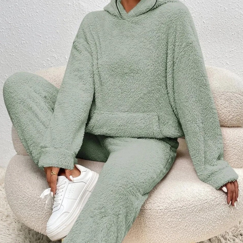 Teddyfleece-set voor dames met capuchon - oversized joggingpak, zakken