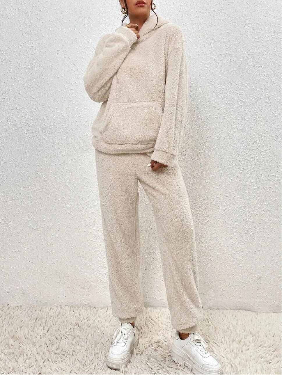 Teddyfleece-set voor dames met capuchon - oversized joggingpak, zakken