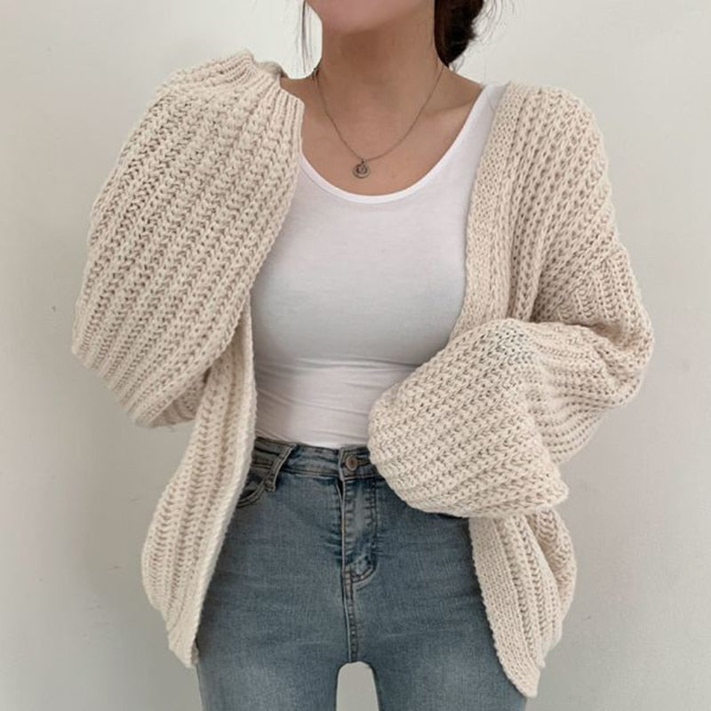 Women's Oversized Chunky Knit Cardigan — Open Front, Balloon Sleeves
