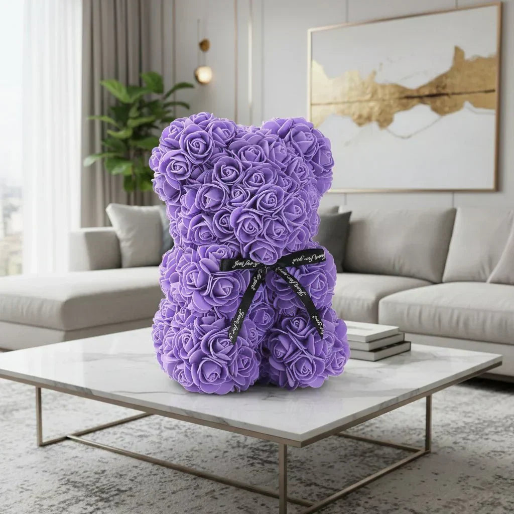 Urso de peluche com rosa eterna artesanal Everrose, 25 cm