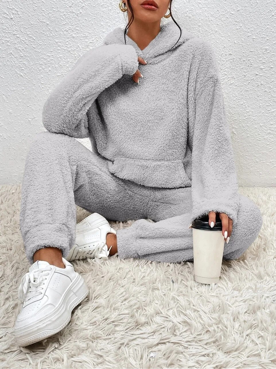 Teddyfleece-set voor dames met capuchon - oversized joggingpak, zakken