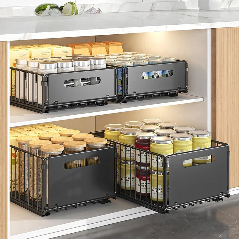引き出し式キャビネット収納ラック スチール製スライドラック 奥行き15 in スパイス瓶用パントリートレー キッチン収納 ブラック