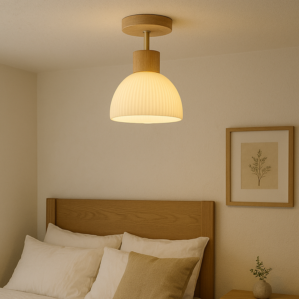 Ceiling Light Flush Mount Wood Glass E27 18 cm, Elegant Wood & Glass Design | Euroselle