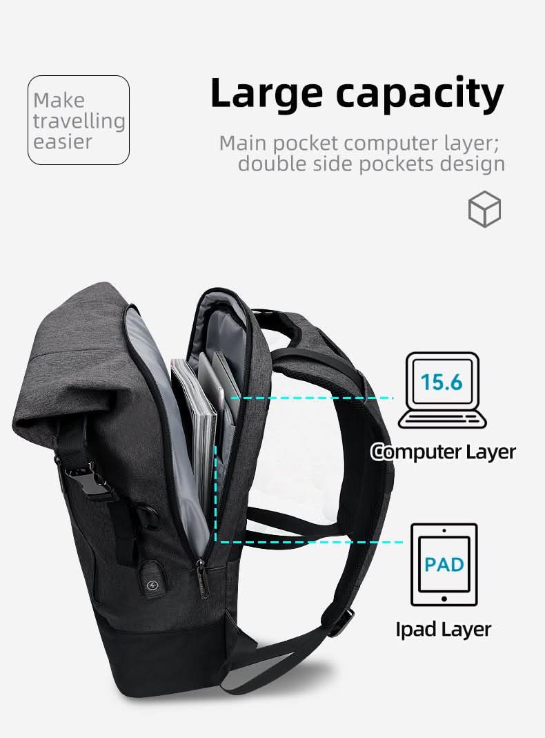 CityTrail roll-top-rygsæk til dagsture, 20-35 L udvidelig kapacitet, USB-port, 0.9 kg