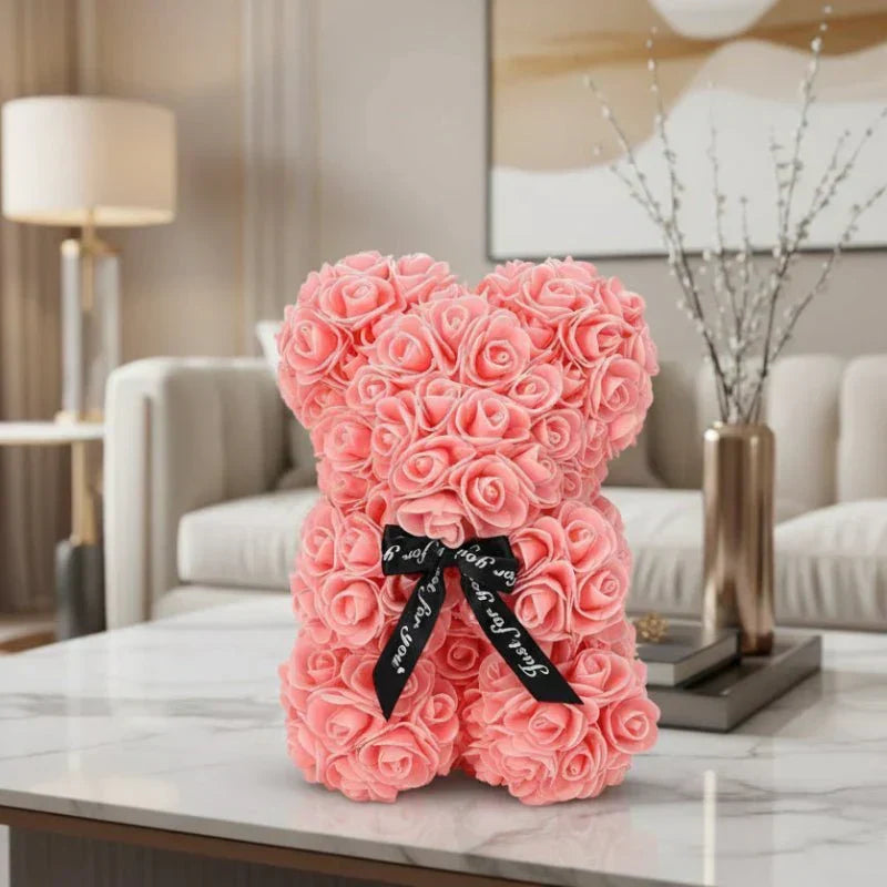 Urso de peluche com rosa eterna artesanal Everrose, 25 cm