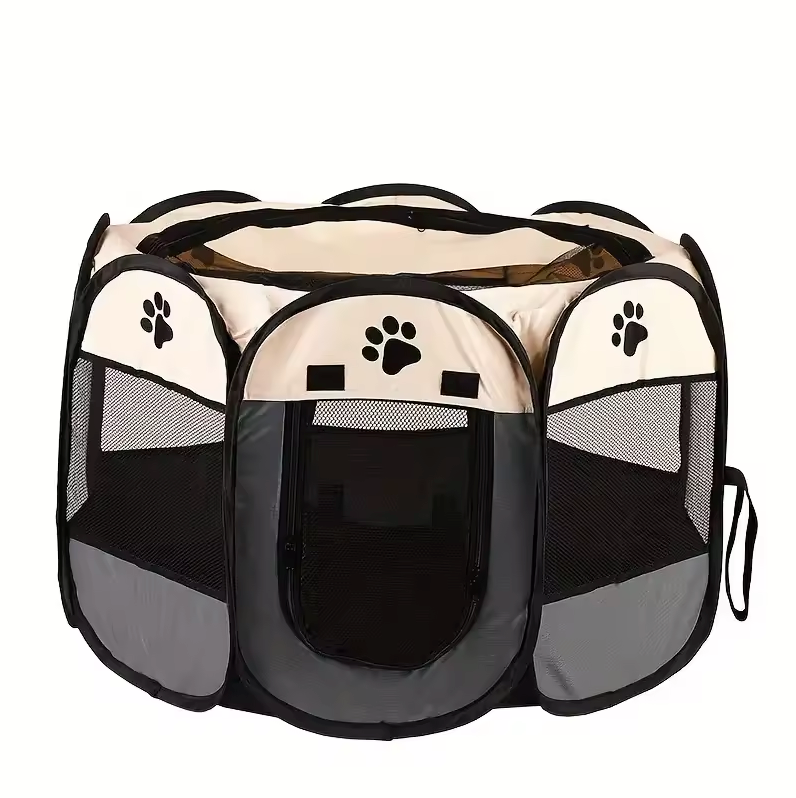 Collapsible 45 in Octagonal Dog Pen, Steel Frame, Gray Brown