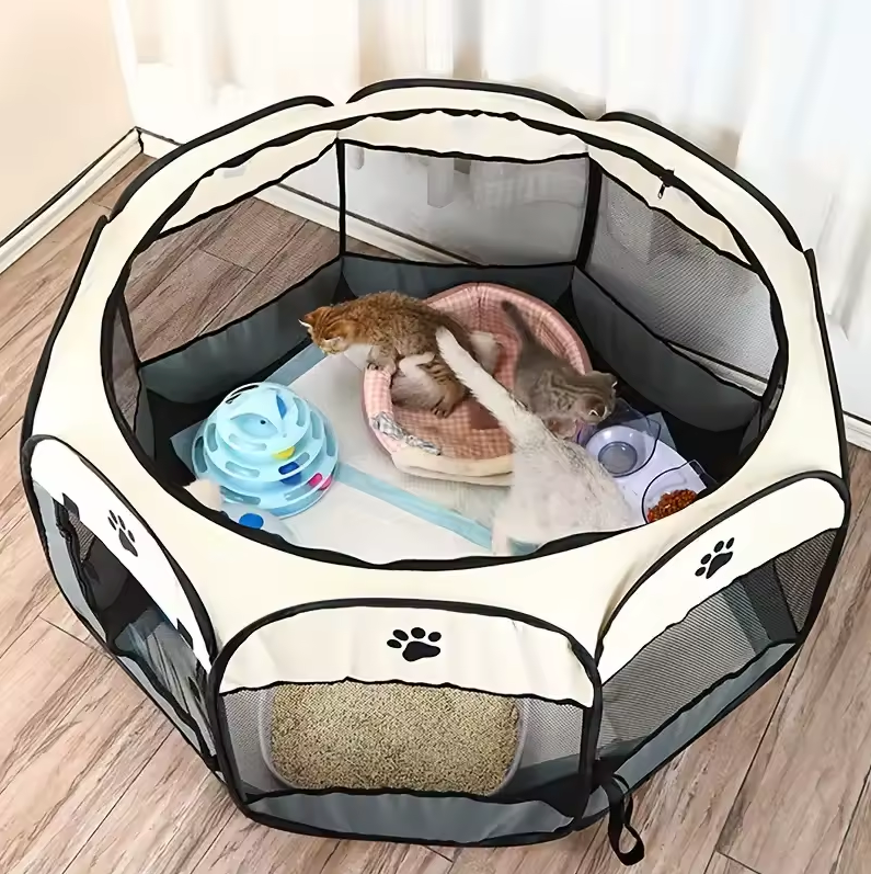Collapsible 45 in Octagonal Dog Pen, Steel Frame, Gray Brown
