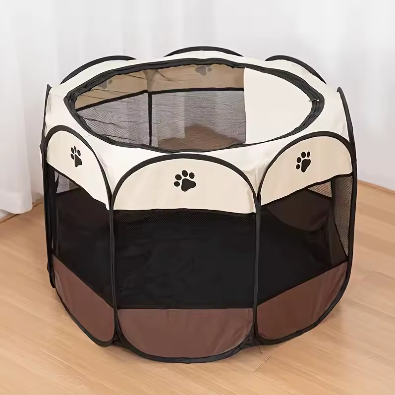 Collapsible 45 in Octagonal Dog Pen, Steel Frame, Gray Brown