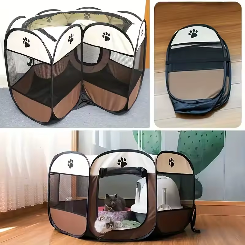 Collapsible 45 in Octagonal Dog Pen, Steel Frame, Gray Brown