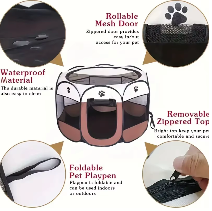 Collapsible 45 in Octagonal Dog Pen, Steel Frame, Gray Brown