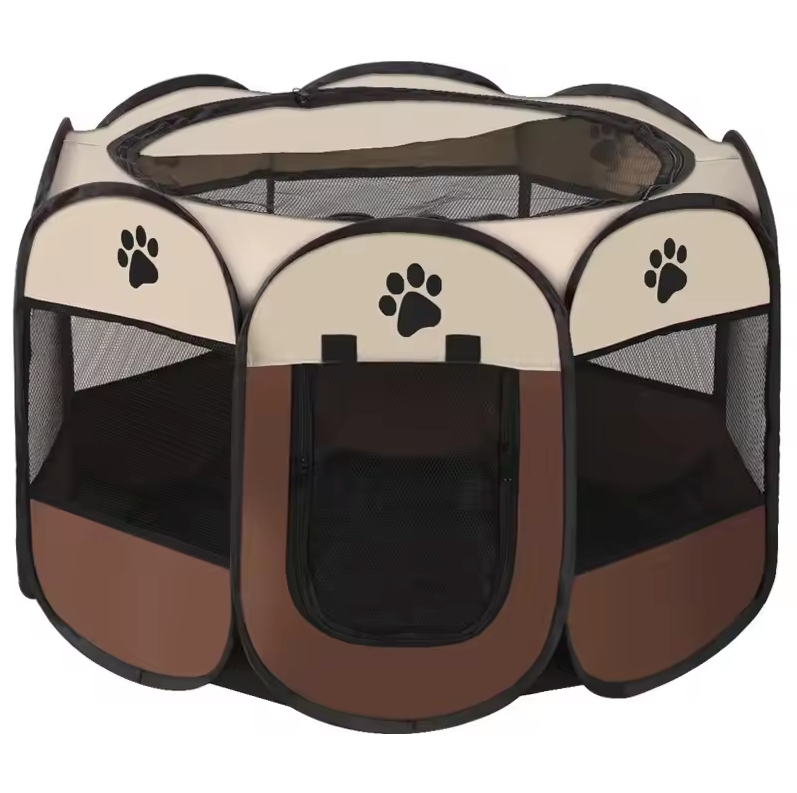 Collapsible 45 in Octagonal Dog Pen, Steel Frame, Gray Brown