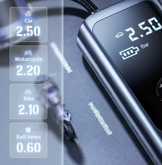 Portabel däckpump med uppladdningsbart batteri – digital luftpump på 150 PSI för bil, cykel och motorcykel, med automatisk avstängning
