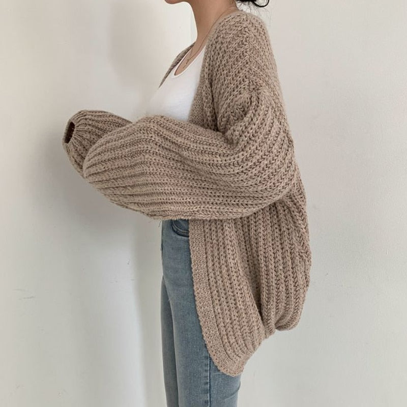 Women's Oversized Chunky Knit Cardigan — Open Front, Balloon Sleeves