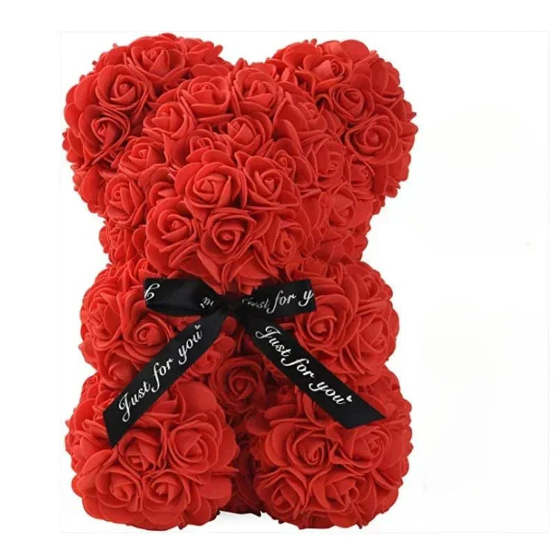 Urso de peluche com rosa eterna artesanal Everrose, 25 cm