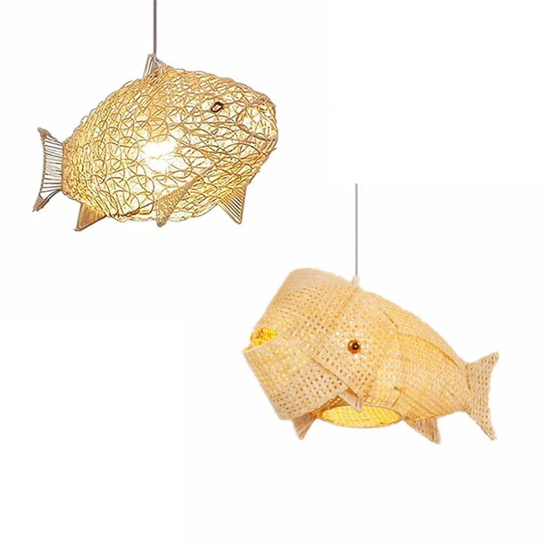 Aurora Nordic Bamboo Pendant Light – Handmade Fish Art LED Hanging Lamp