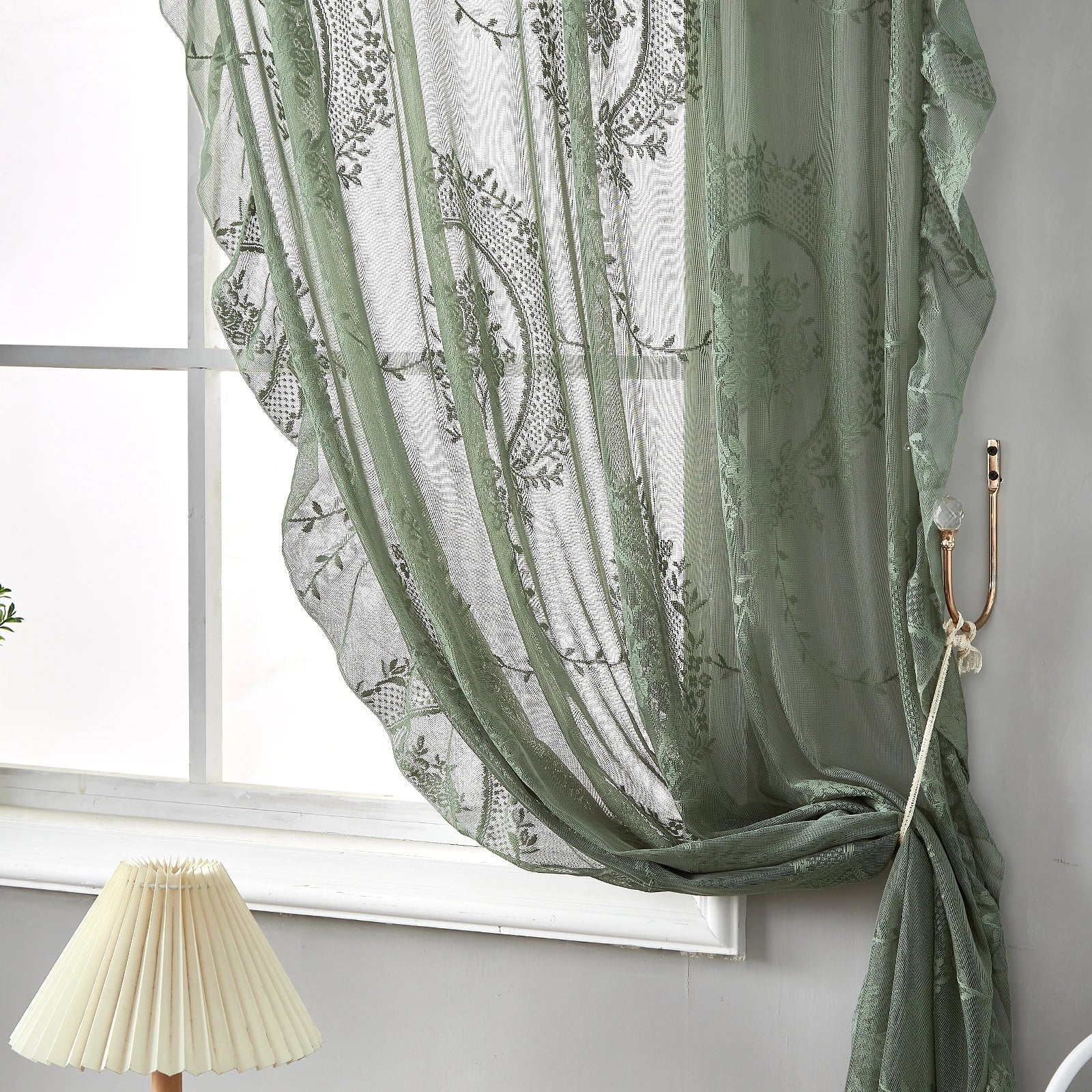 French Retro Green Ruffled Lace Sheer Tulle Curtains for Girls Room & Living Room - Euroselle