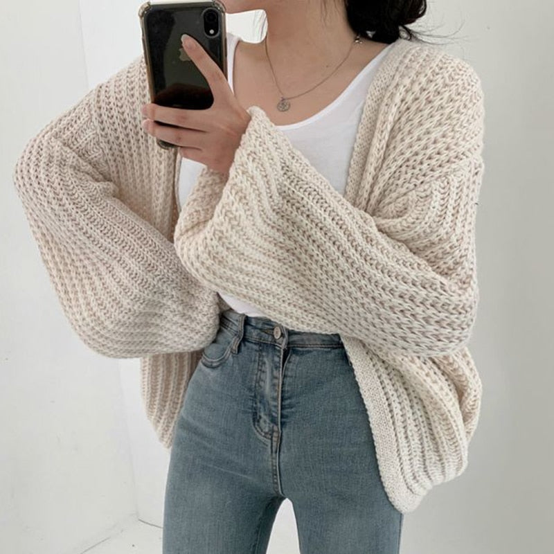 Women's Oversized Chunky Knit Cardigan — Open Front, Balloon Sleeves