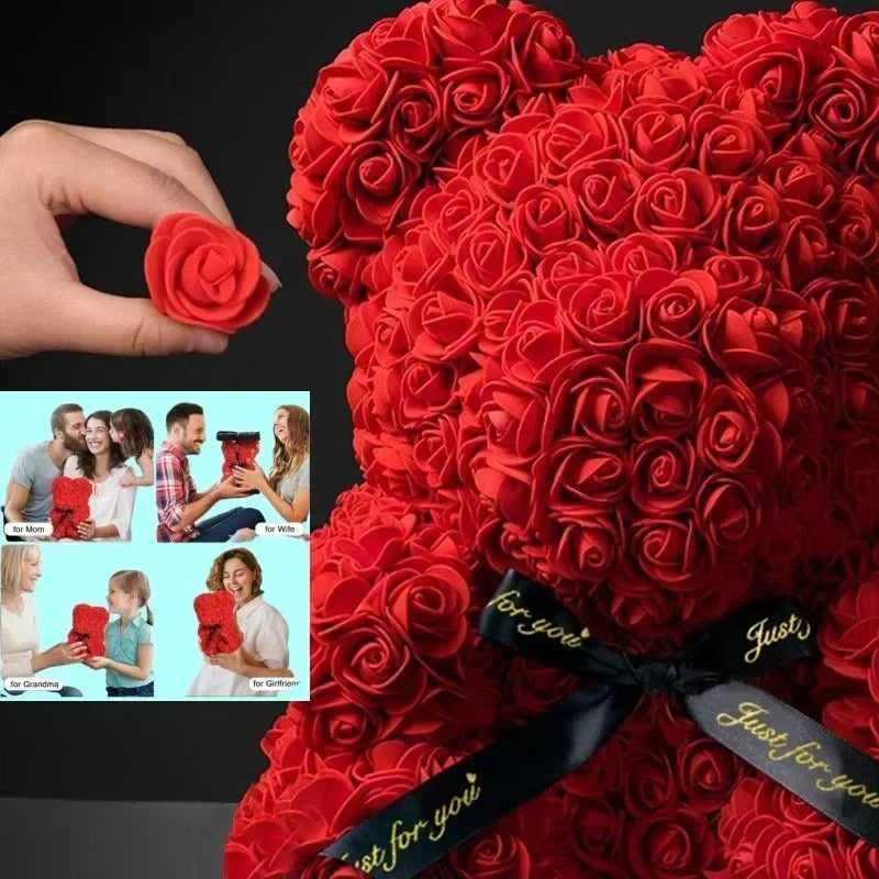 Urso de peluche com rosa eterna artesanal Everrose, 25 cm