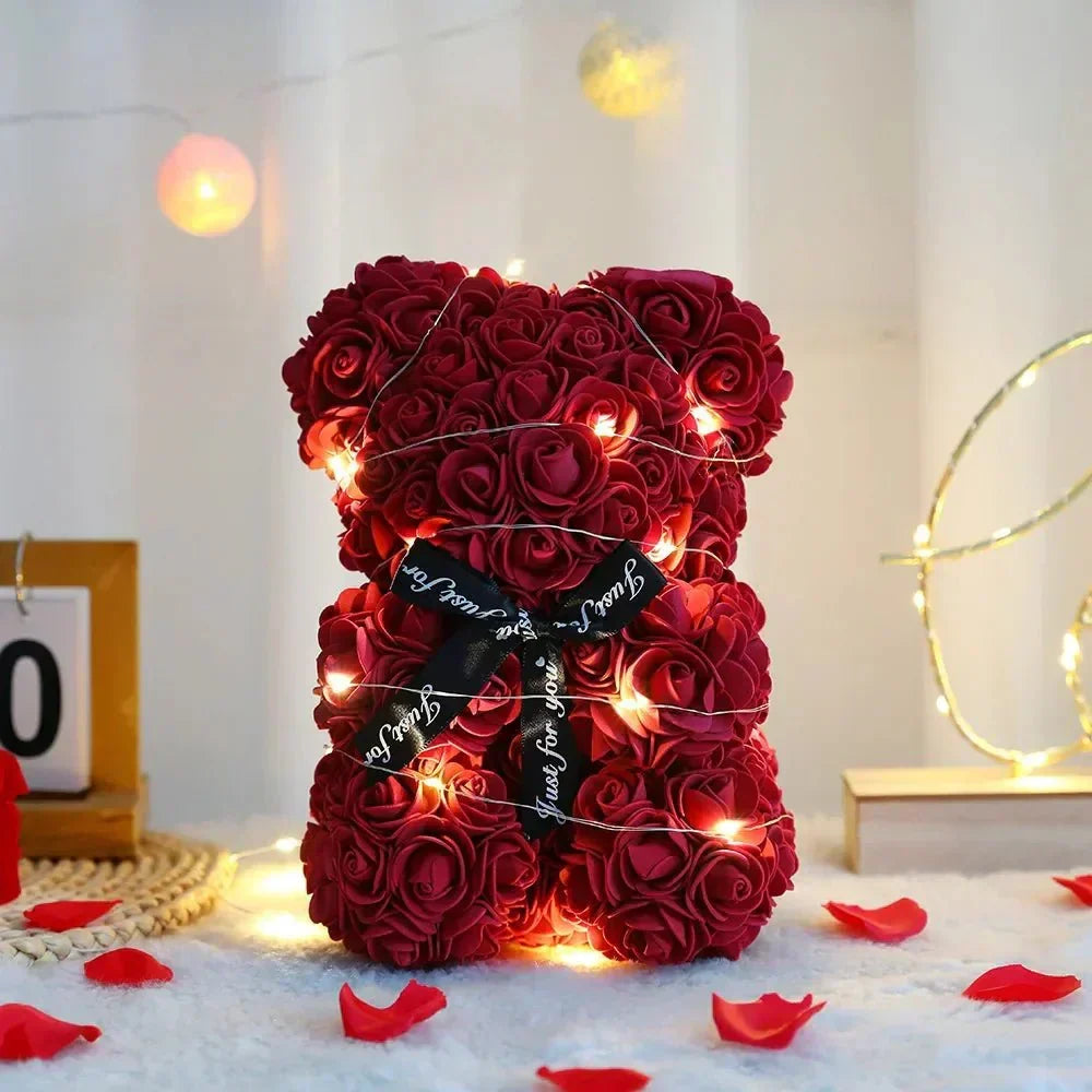 Aurora Evig Rosebamse Gavesett — 25 cm plysjbamse med lysende rose og integrerte lys