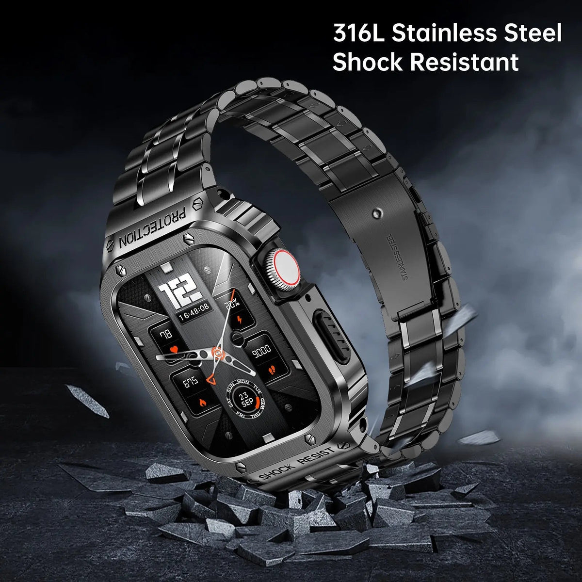 Metallarmband & stötskydd till Apple Watch 44/45mm — svart silver guld