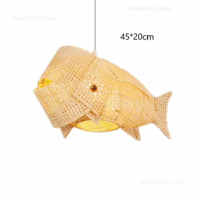 Aurora Nordic Bamboo Pendant Light – Handmade Fish Art LED Hanging Lamp