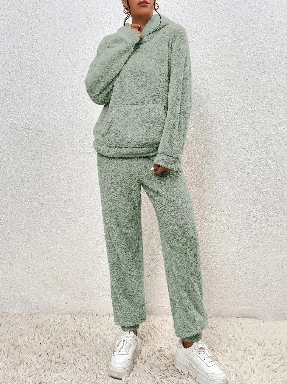 Teddyfleece-set voor dames met capuchon - oversized joggingpak, zakken