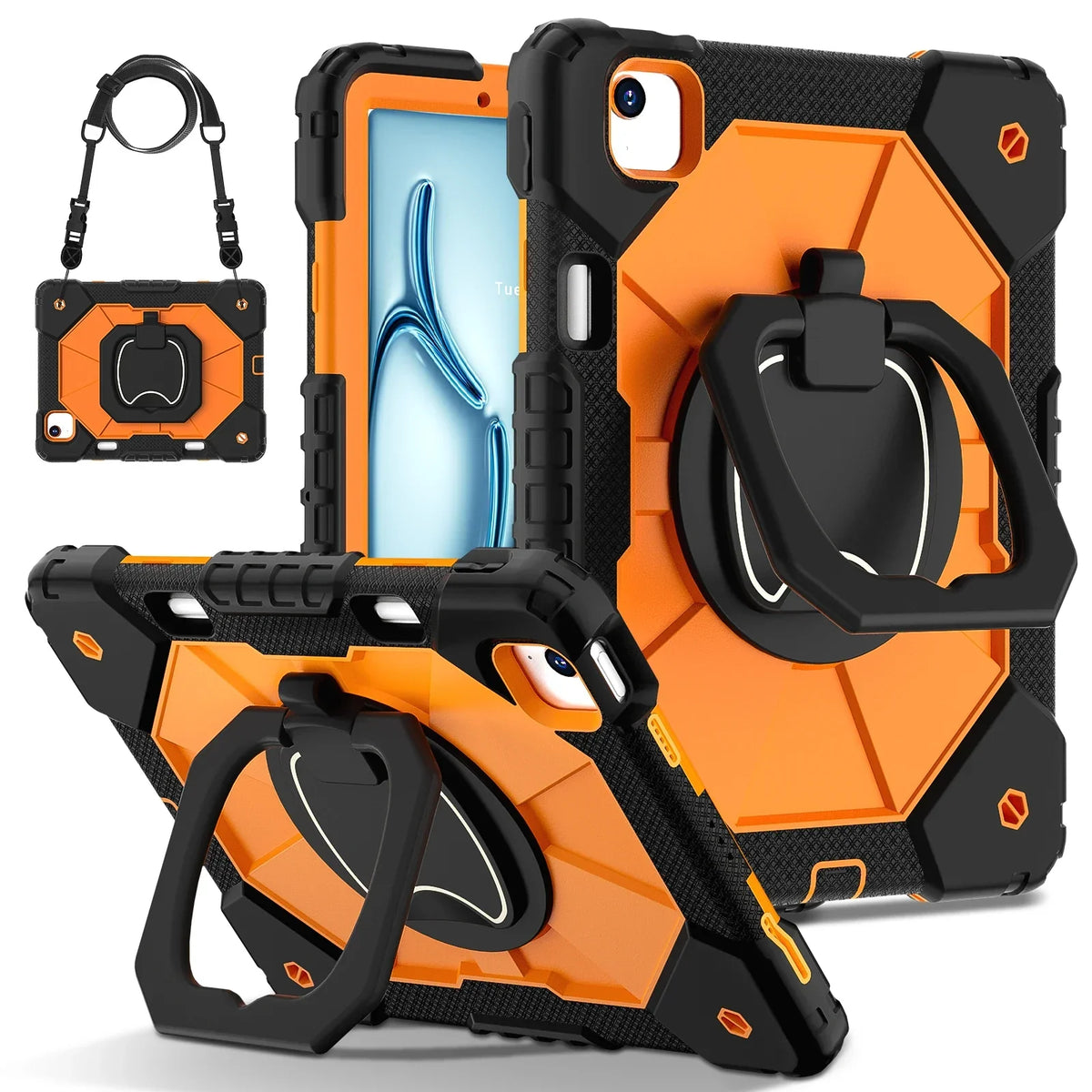 Étui iPad triple couche — prise à 360°, béquille, sangle, verre trempé