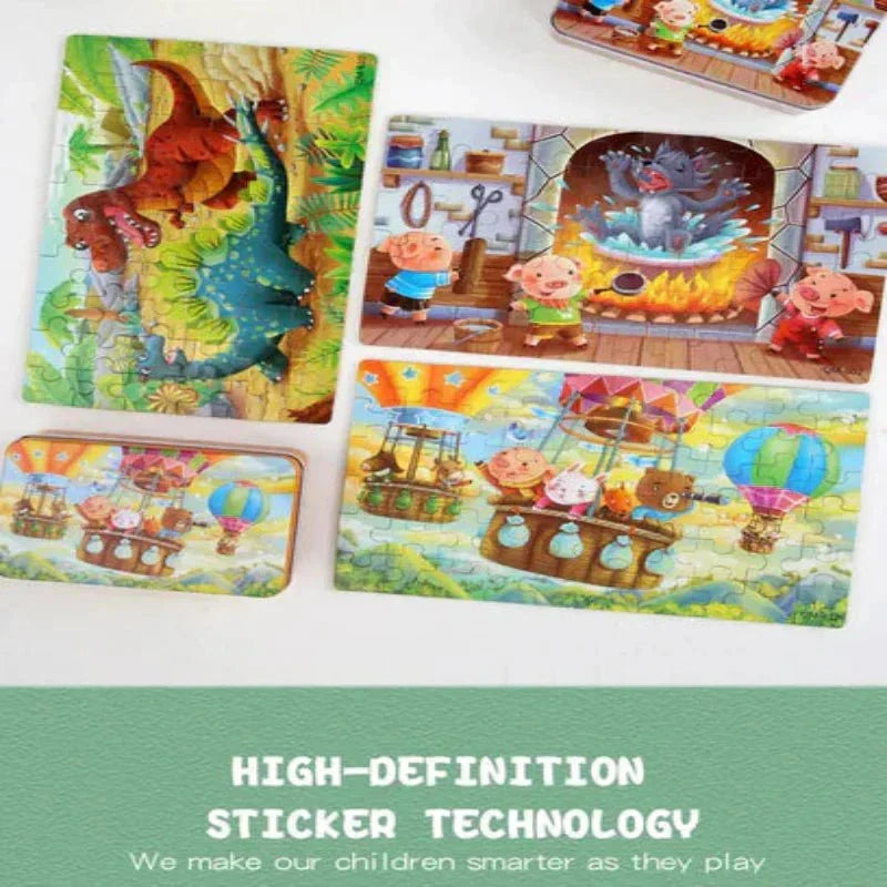 CleverNest Set de puzzle din lemn, 60 de piese — Motive diverse cu animale și vehicule