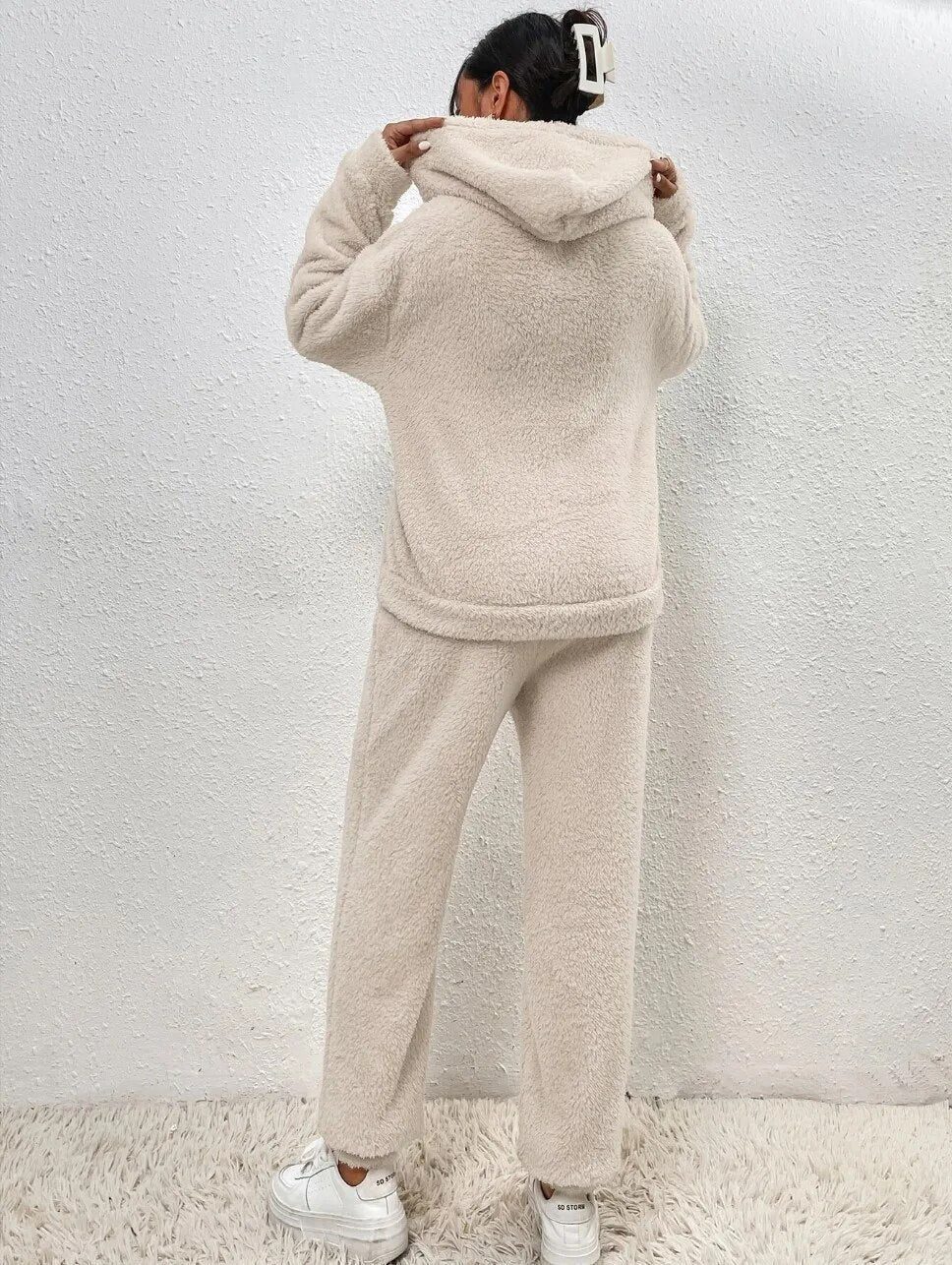 Teddyfleece-set voor dames met capuchon - oversized joggingpak, zakken