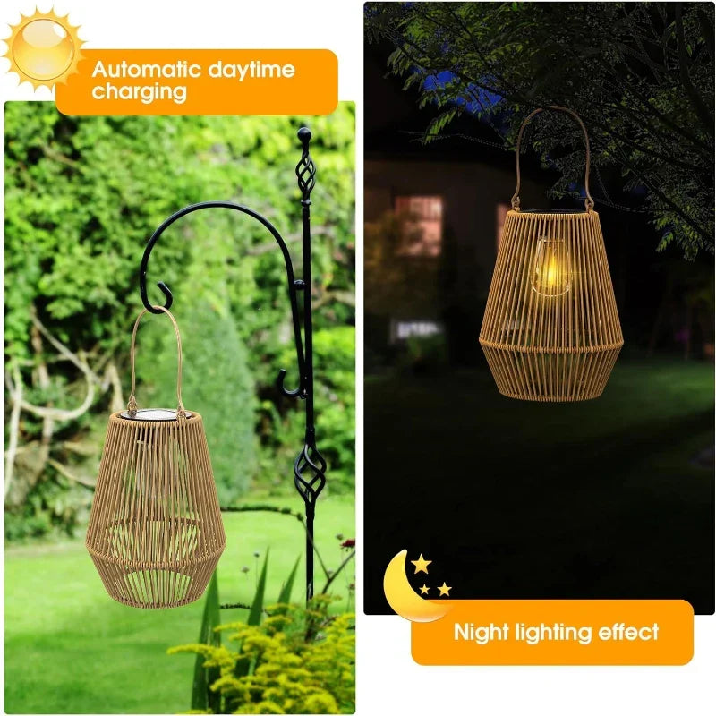20 cm-es, fonott kosár alakú lámpás - napelemes LED-es függőlámpa