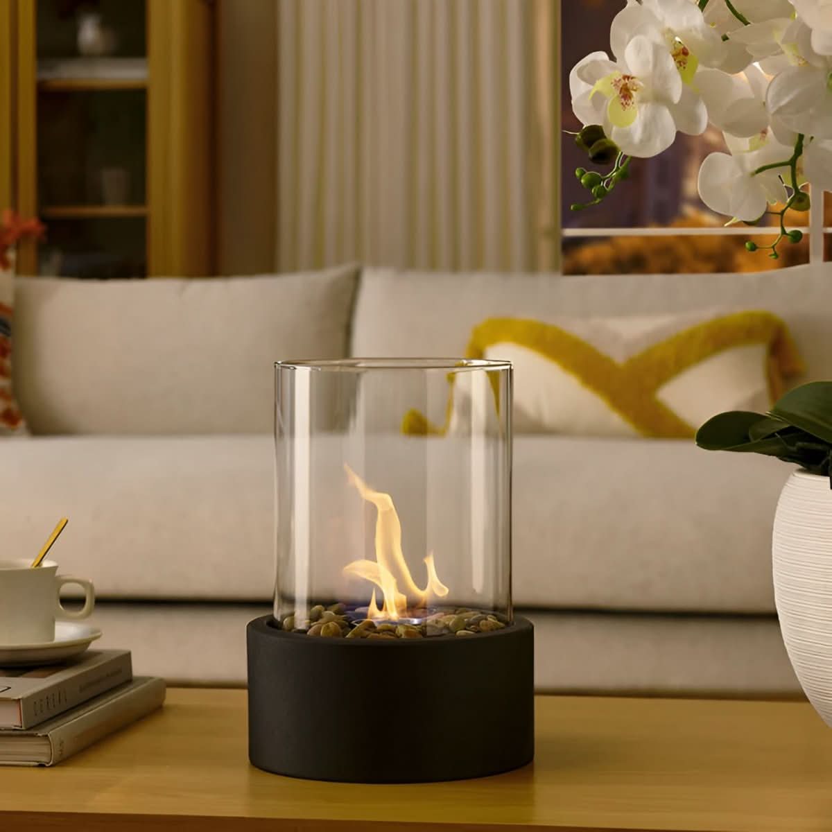 Portable table fireplace designed for clean-burning, smoke-free ambient flame lighting for indoor and outdoor use - Euroselle