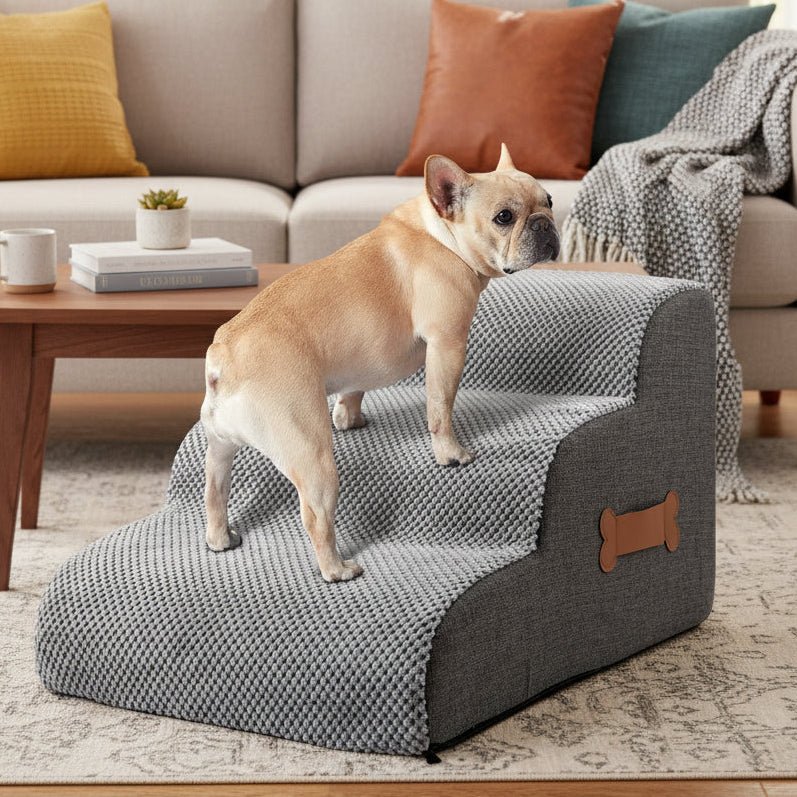 Weiche Schaumstoff-Hundetreppen mit gelenkschonender Steigung, rutschfester Basis und waschbarem Bezug für sicheren Zugang zu Bett und Sofa - Euroselle