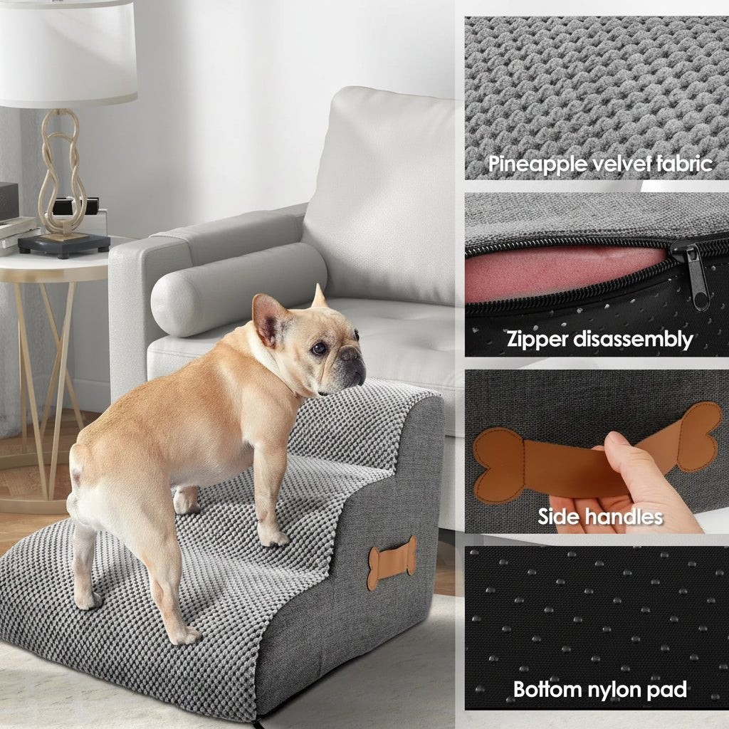 Weiche Schaumstoff-Hundetreppen mit gelenkschonender Steigung, rutschfester Basis und waschbarem Bezug für sicheren Zugang zu Bett und Sofa - Euroselle