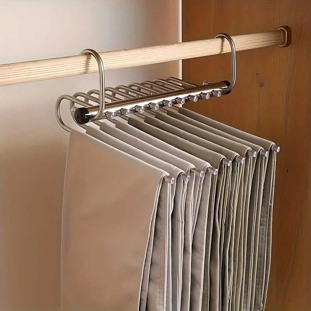 Stainless Steel Multi-Bar Hanger — Rotating Pants & Scarf Organizer