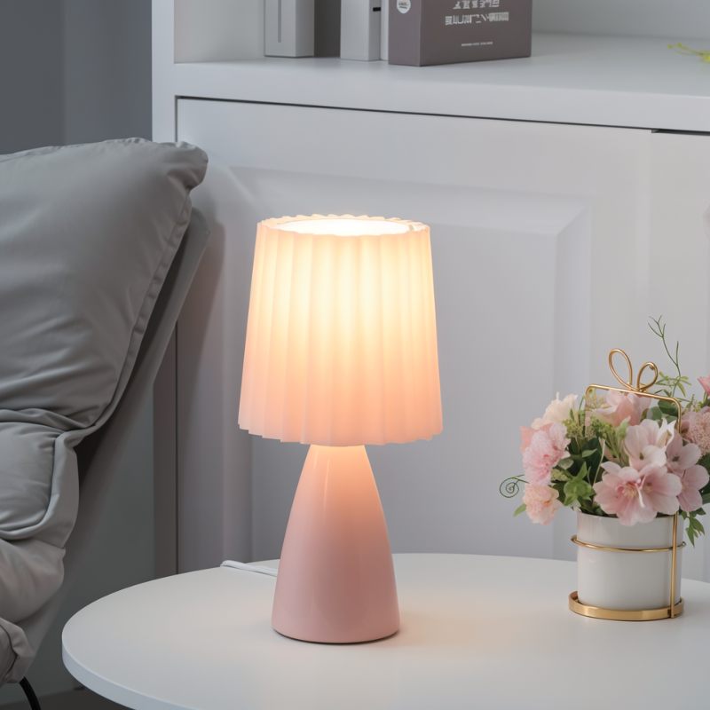 Table Lamp Ceramic Base Pleated Shade LED Trichromatic Light | Euroselle
