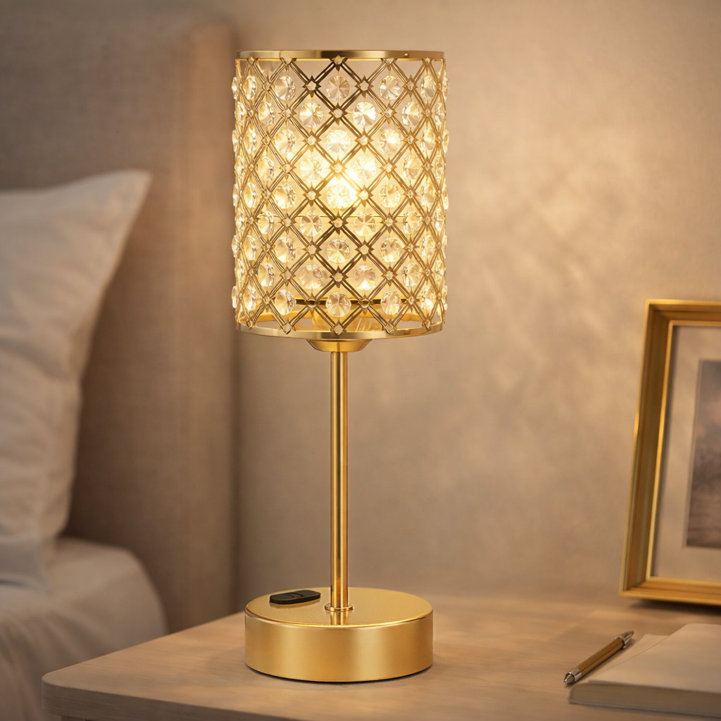 Table Lamp Crystal Gold Base USB Ports Touch Dimming 5.1 x 15.7 | Euroselle