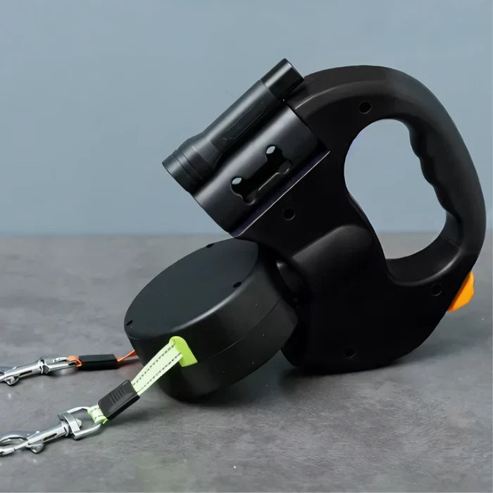 Correa doble retráctil para perros — Giro de 360°, LED, portabolsas, 66 lbs