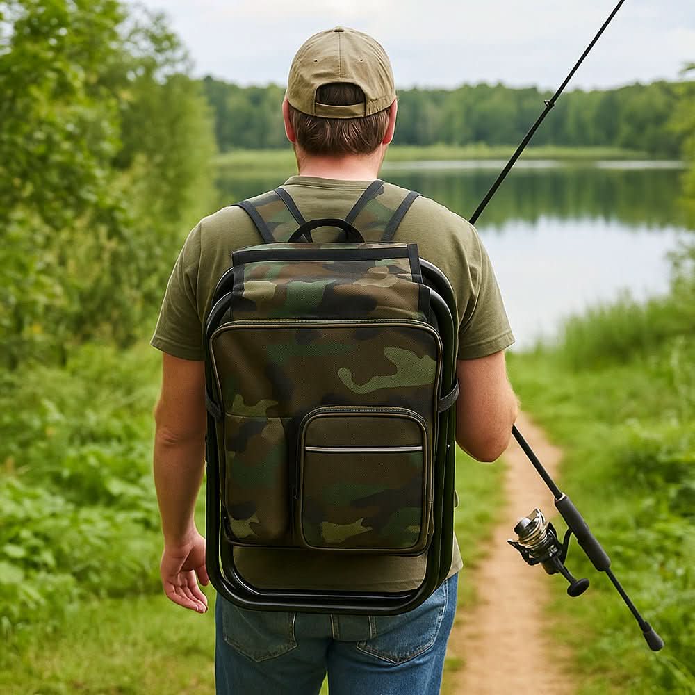 TrailChair 3v1 maskovací batoh — skládací židle, vestavěná chladicí taška