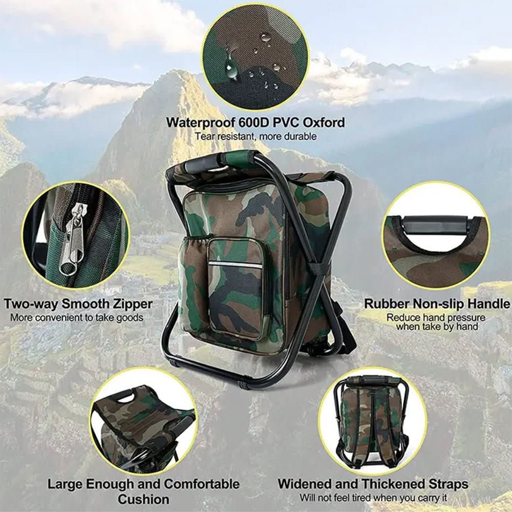 TrailChair 3v1 maskovací batoh — skládací židle, vestavěná chladicí taška
