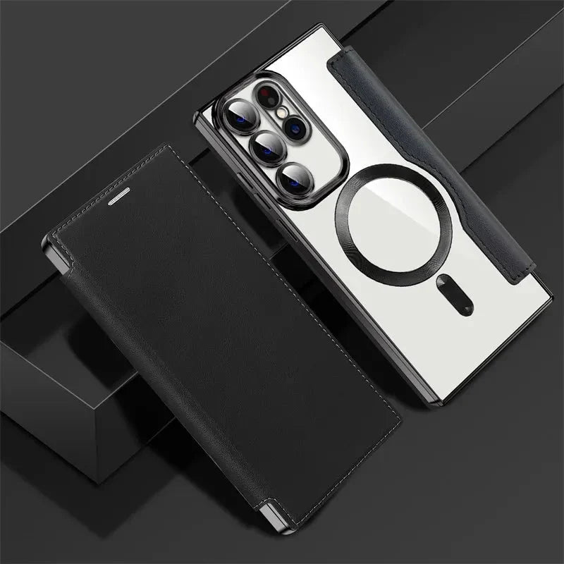 Gennemsigtigt folio-kortholdercover til Samsung Galaxy S22 S23 S24 S25 S26 — MagSafe-ring
