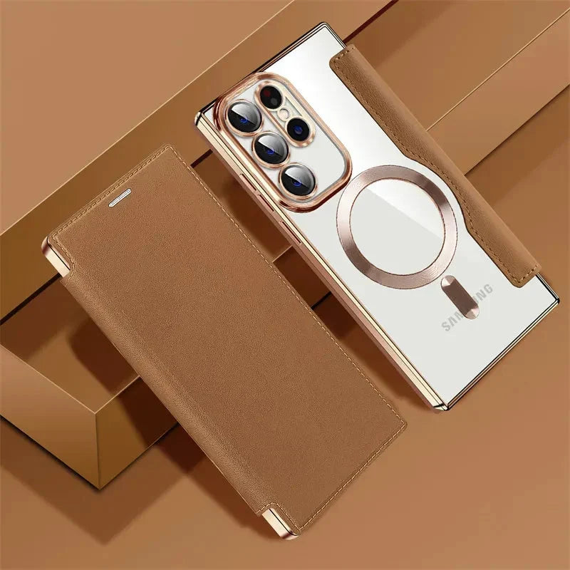 Gennemsigtigt folio-kortholdercover til Samsung Galaxy S22 S23 S24 S25 S26 — MagSafe-ring
