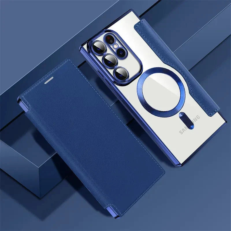 Gennemsigtigt folio-kortholdercover til Samsung Galaxy S22 S23 S24 S25 S26 — MagSafe-ring