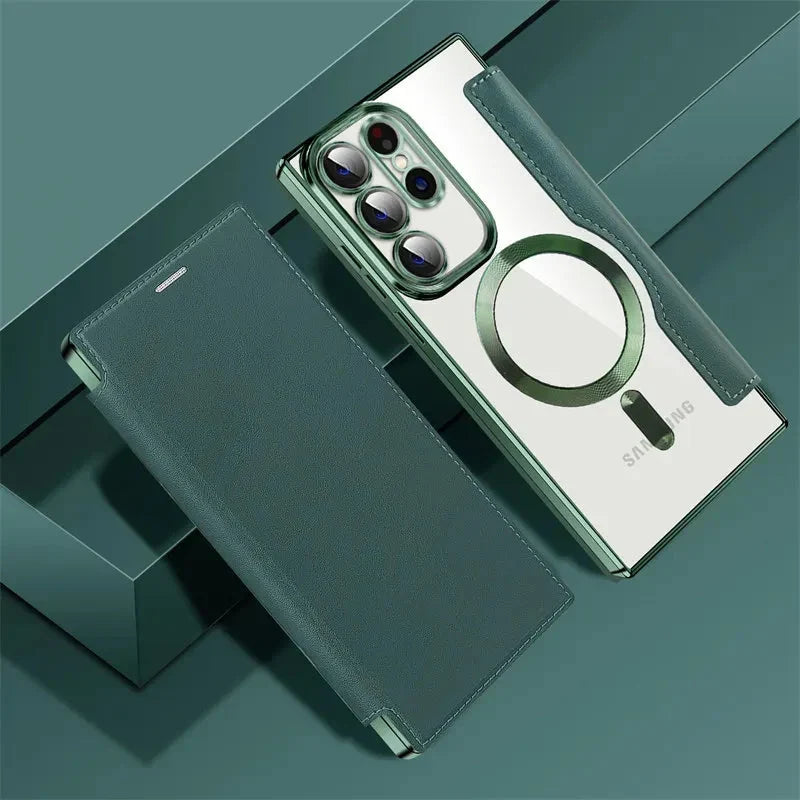Gennemsigtigt folio-kortholdercover til Samsung Galaxy S22 S23 S24 S25 S26 — MagSafe-ring